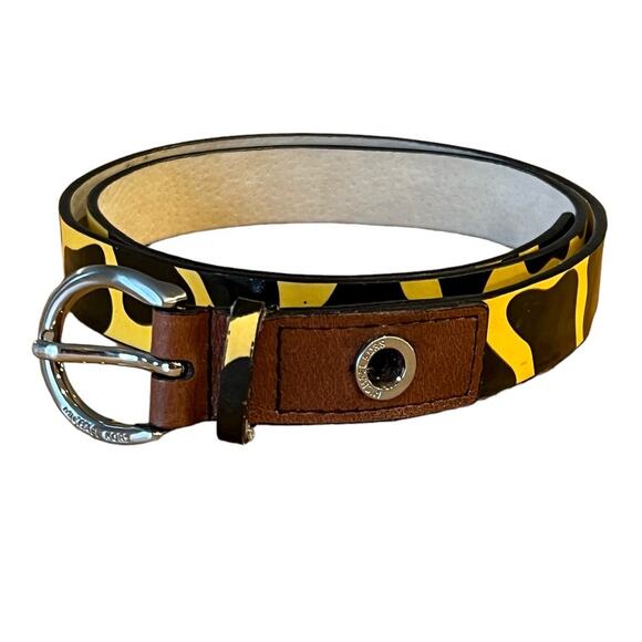 Michael Kors Yellow & Black Patent Leather Aminal Print, Brown Leather Ends, 40" - Picture 1 of 10